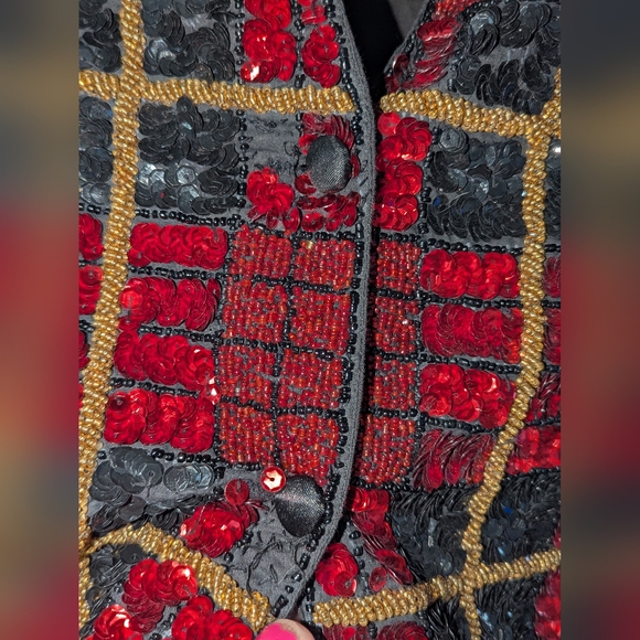 Vintage 70s 80s Theo Black & Red Plaid Heavily Sequined Vest Adult Small Beads - Picture 7 of 8